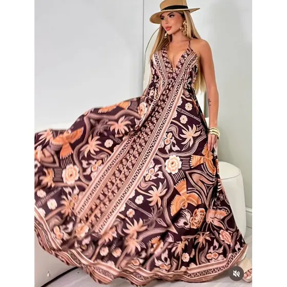 VESTIDO FEMENINA LONGO INDIANO FRENTE UNICA ESTAMPADO COM AMARRÇÃO NO PESCOÇO MODA VERÃ0