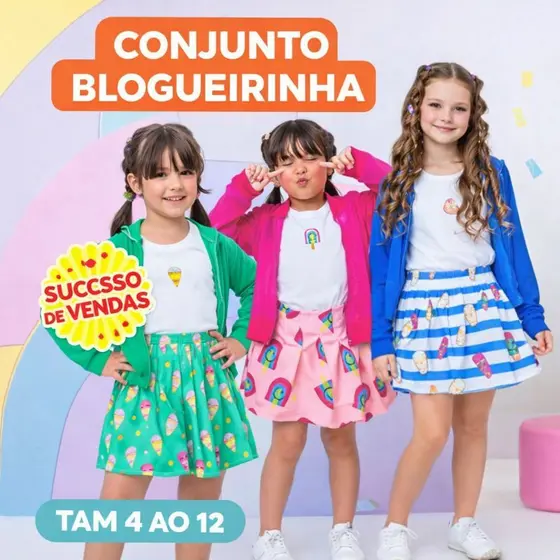 Conjunto Infantil Menina 3 Peças Blogueirinha Casaco Tela + Blusa + Short Saia Estampado - 3 Cores - Tam: 4 ao 12
