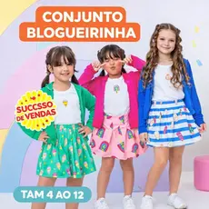 Conjunto Infantil Menina 3 Peças Blogueirinha Casaco Tela + Blusa + Short Saia Estampado - 3 Cores - Tam: 4 ao 12