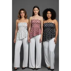 Blusa Tomara que Caia Barra Assimétrica Poa Bola - Tam Único - Cor: Branca, Telha e Preto Grafite