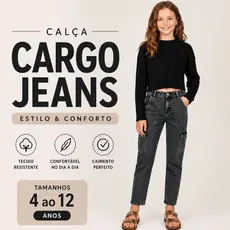 CALÇA JEANS CARGO INFANTIL FEMININA PREMIUM Estilo Blogueirinha | Moda Tendência 2026