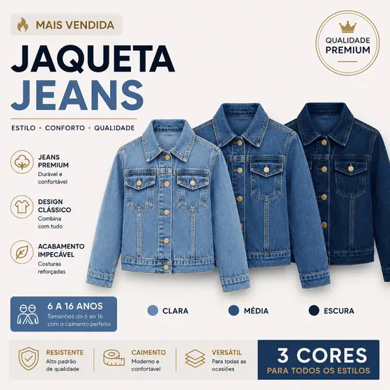 Jaqueta Jeans Menina Infantil Juvenil Casaco Denim Blogueirinha Premium Estiloso 6 - 16 anos 3 Cores