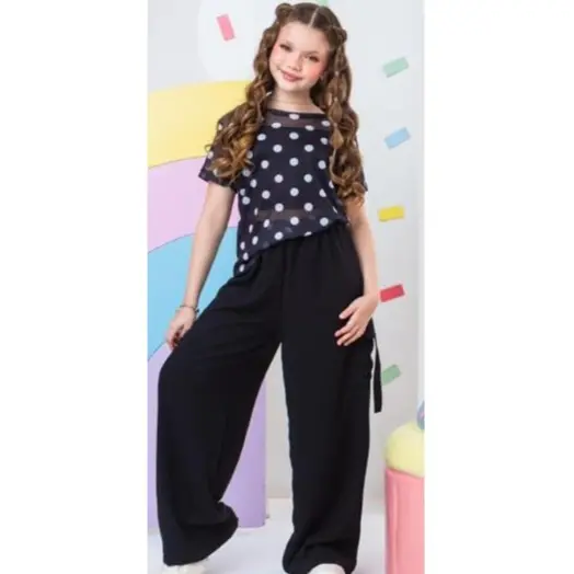 Conjunto Infantil Menina - Calça Cargo + Blusa Tule Poá + Top Malha - 03 Peças - Poá - Tam 10 e 12 anos