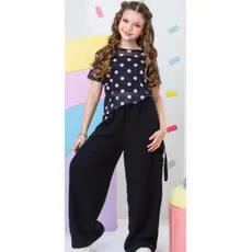 Conjunto Infantil Menina - Calça Cargo + Blusa Tule Poá + Top Malha - 03 Peças - Poá - Tam 10 e 12 anos