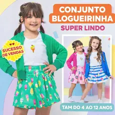 Conjunto Infantil Menina 3 Peças Blogueirinha Casaco Tela + Blusa + Short Saia Estampado 3 Cores Tam: 4 6 8 10 12