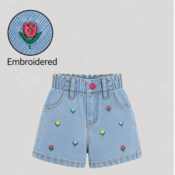 Short Jeans Infantil Menina Bordado Floral Premium Cintura Elástica - Jeans e Brim Blogueirinha - Tam 6m a 4a