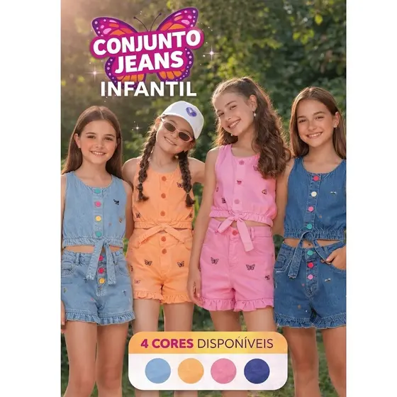 Conjunto Infantil Menina Jeans Brim Cropped + Short Botões Coloridos Moda Blogueira Verão Roupa Infantil 4 Cores  4 ao10