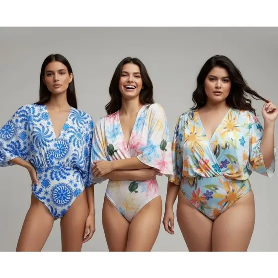 Body Feminino Decote V com Manga Detalhe Franzido - Estampa inspiração - -2026