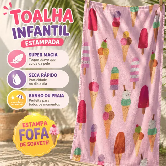 Toalha Infantil Estampa Sorvete Rosa | Toalha de Banho/Praia Macia Absorvente para Bebê e Criança
