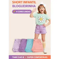 Short Infantil Menina Brim Blogueirinha Colorido Verão Confortável Fashion Premium 4 Cores Tam 2 - 8