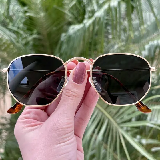Óculos De Sol Hexagonal Masculino e Feminino Com Proteção UV400 Armação de Metal Inoxidável