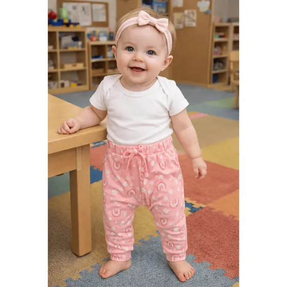 Calça Saruel Infantil Canelada Soltinha Menina com Estampa de Arco-Íris Rosa
