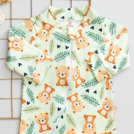 Macacão Bebê Térmico Quentinho Infantil Menina Menino Inverno Verde com Estampa Ursinho