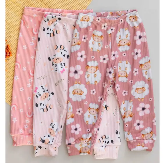 Kit 3 Calça Bebê Menina Canelada e Estampas Variadas