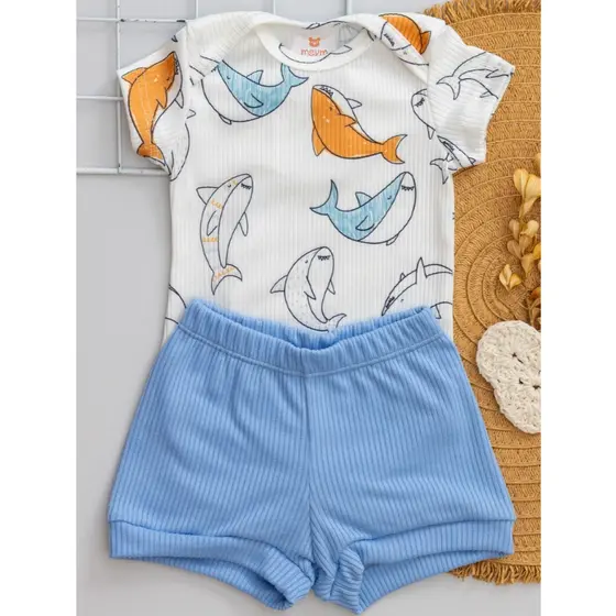 Conjunto Bebê Verão Canelado Fresquinho Menino Menina Body Estampado Tubarão e Short Azul