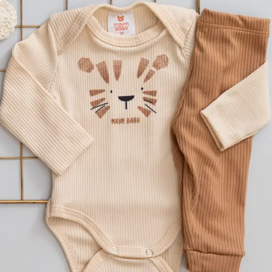 Conjunto Body Bebê Pagão Canelado Longo Menino Menina Confortável Estampa de Tigrinho.