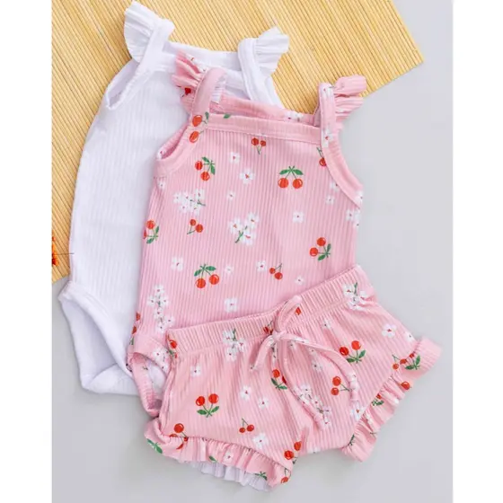Kit 3 Peças Bebê Verão Fresquinho Menina Body e Tapa Fralda Babado com Estampa de Cereja Rosa