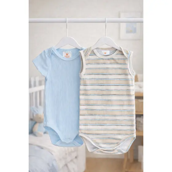 Kit Body Bebê Canelado Infantil Fresquinho Verão Azul e Listrado Menino