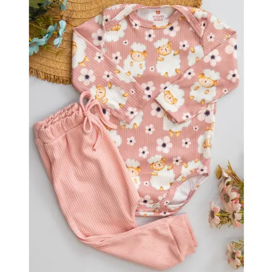 Conjunto Body Canelado Ovelha Rosa e calça Saruel Rosa