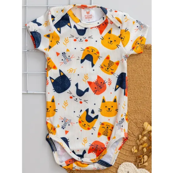 Body Bebê Verão Fresquinho Canelado Infantil Menino Menina com Estampa de Gatos