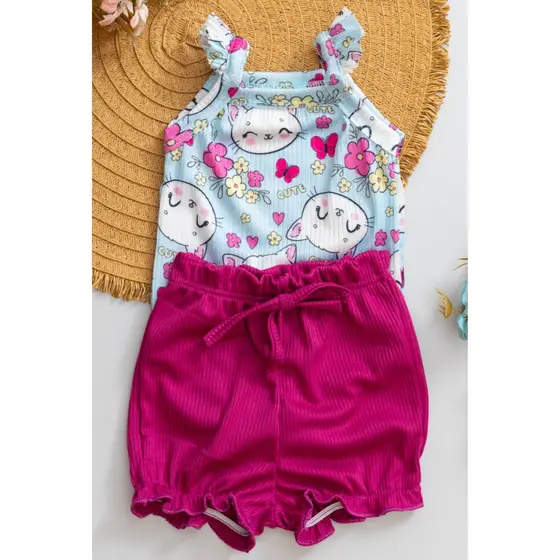 Conjunto Bebê Verão Canelado Menina Body Babados Estampa de Gatinhas e Bombachinha Fúcsia