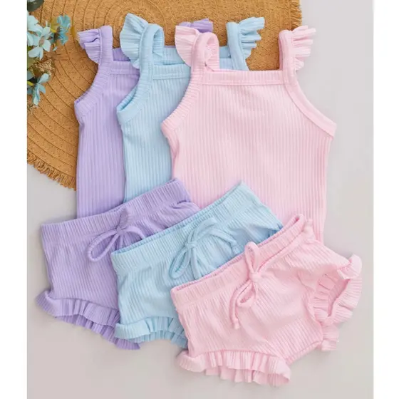 Kit Bebê 3 Conjuntos Verão Fresquinho Menina Canelado Body e Tapa Fralda Babado