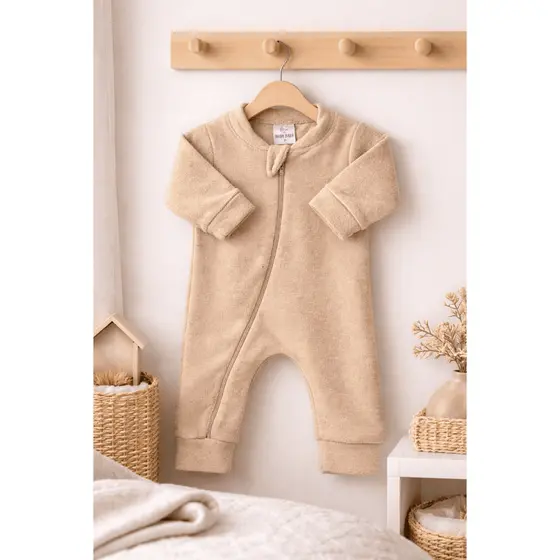 Macacão Bebê Quentinho Infantil Menino Menina Inverno Bouclé Bege com Zíper