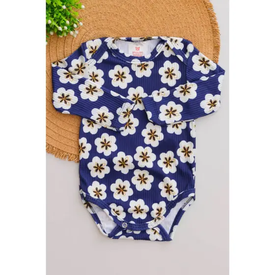 Body Bebê Longo Canelado Menina Azul com estampa de Flores