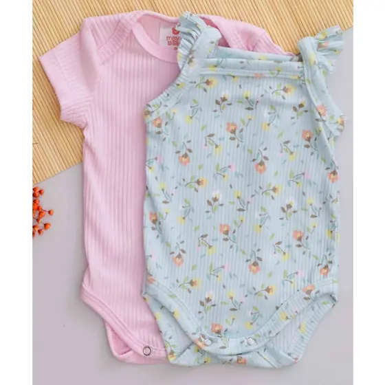 Kit 2 Bodys Bebê Verão Infantil Menina Rosa Liso com Estampa de Florzinha