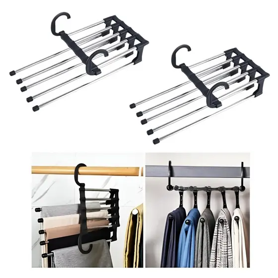 Cabide Aço Inoxidável Retrátil Multiuso 5 Divisórias Roupas Kit 2 Unidades