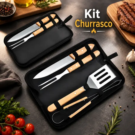 Conjunto de Churrasco Profissional Cabo Madeira Aço Inox Completo 4 Peças Estojo Durável Premium Cozinha
