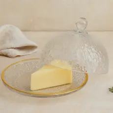 Queijeira de Cristal Martelado com Tampa e Fio de Ouro Petra 19,5cm x 13cm - Lyor