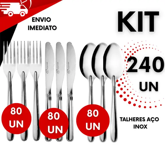 Kit 240 Talheres em Aço Inox – Colheres, Facas e Garfos para restaurantes, buffet, residencial, eventos