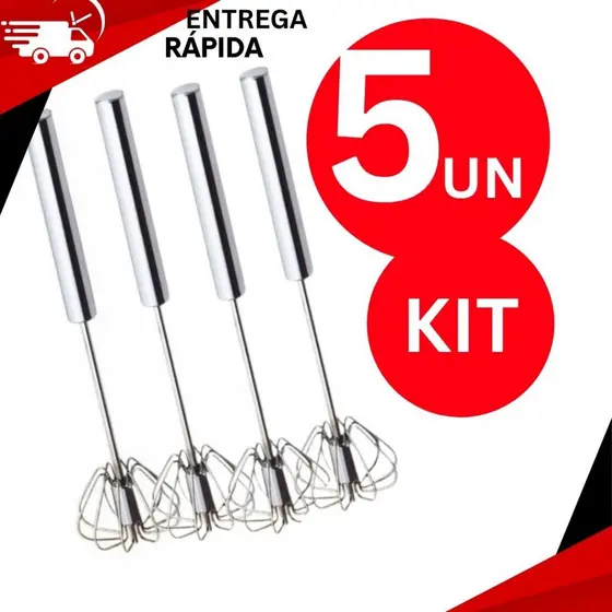 KIT 5 Batedor De Ovos Clara Neve Fouet Misturador Mixer Semi Automático Manual Giratório Profissional