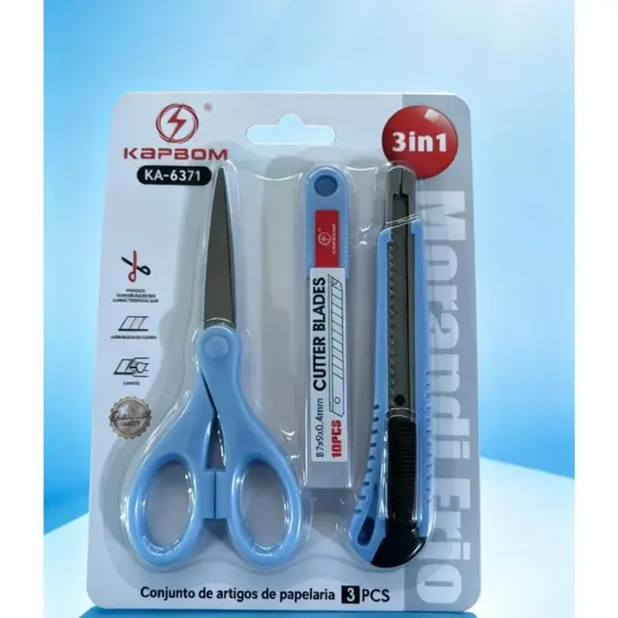 O kit de papelaria inclui tesoura,estilete com 10 laminas de reposiçao para escritórios escolares