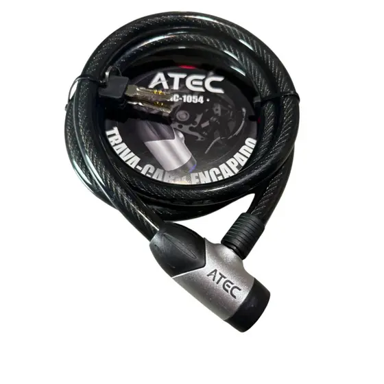 Cabo Trava Moto Bicicleta Espiral 15x1500mm Preto Aço Reforçado Encapado Atec com 2 Chaves