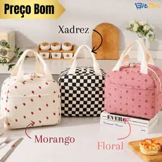 Bolsa Térmica Lancheira Portátil Grande Capacidade com Isolamento Térmico Com Estampa de Flor Morango Xadrez BS-03
