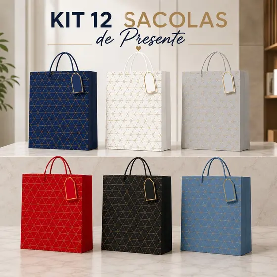 Kit 12 Sacolas de Presente Luxo com Alça e Detalhes Dourados
