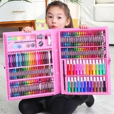 KIT 68/86/150/168 Estojo Maleta Pintura Infantil com 150/168 Peças Paleta Canetinha Giz Lápis Cores -Techo Pro