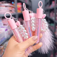 Lip Gloss Labial Glitter com Chaveiro Fofo com Pérolas Rosa e Brilho Bobbi Rara Lembrancinha