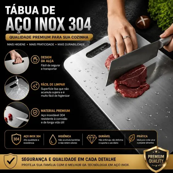 Tábua Aço Inoxidável 304 Para Corte de Carnes Legumes Frutas Antimofo Fácil Limpeza P e G Premium