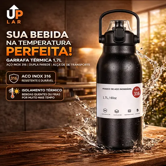 Garrafa Com Alça Para Transporte Fácil  Aço Inoxidável 900ml, 1700ml Térmica Prática Versátil Confortável