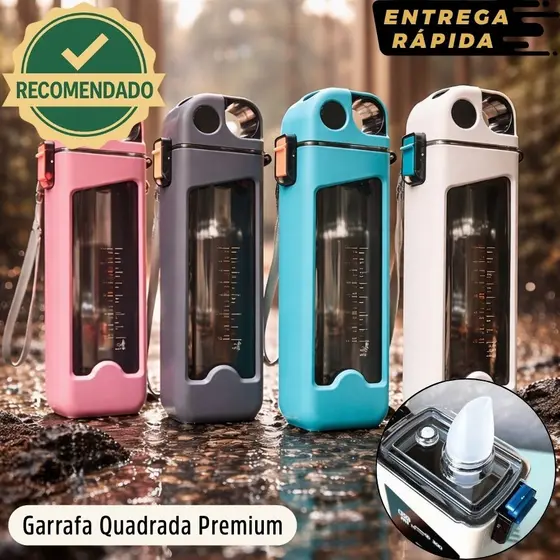Garrafa com Alça 350ml Com Canudo Resistente Compacta de Água Premium Retangular Academia Escola