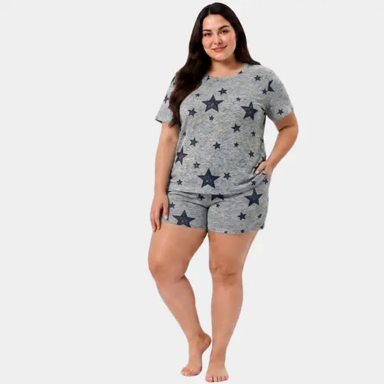 Pijama feminino plus manga curta confortavel promoçao leve camiseta e shorts meia estaçao verão envio rápido