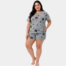 Pijama feminino plus manga curta confortavel promoçao leve camiseta e shorts meia estaçao verão envio rápido