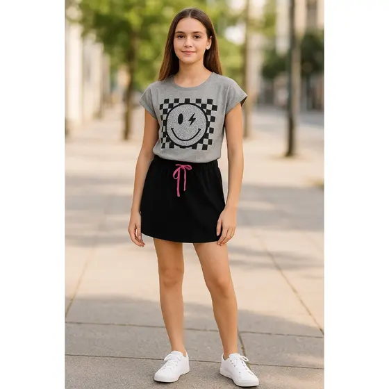 Conjunto Juvenil Feminino Cropped Saia com Bolsos Estampa Smile com Strass 10 a 14 Anos