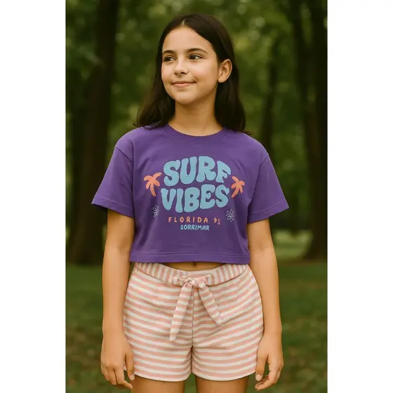 Conjunto Juvenil Feminino Cropped e Shorts com Laço Estampa Surf 10 a 14 Anos Confortável e Estiloso