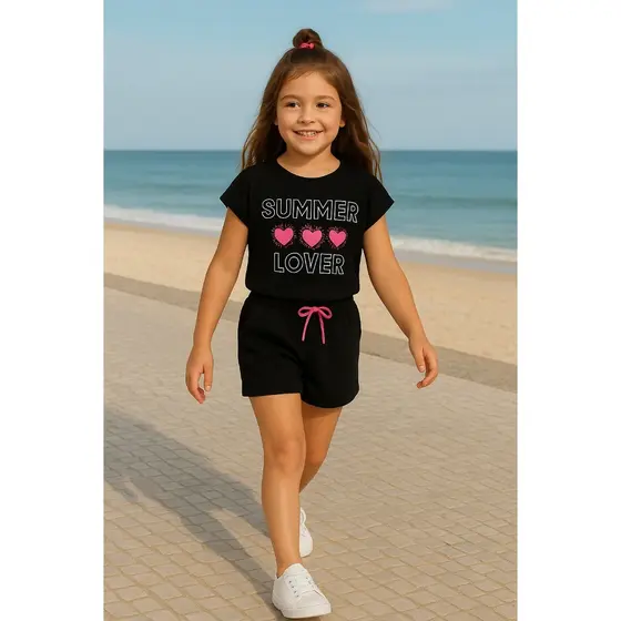 Conjunto Infantil Feminino Verão 4 a 8 Anos - Cropped Summer Lover e Short com Cadarço Rosa