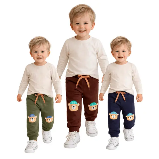 kit 2/3 Calças cor sortida estampa Urso para Menino Confortáveis e Estilosas para o Guarda Roupa Infantil 100% Algodão