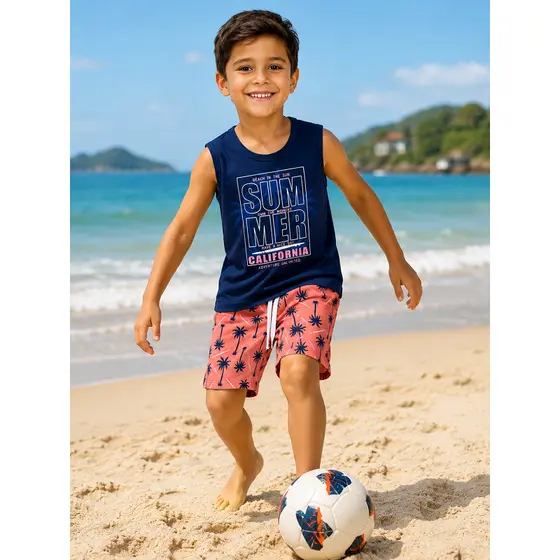 Conjunto Infantil Regata E Shorts Tactel Estampado Visual Fresquinho E Moderno E Versatil Tam 4 ao 8